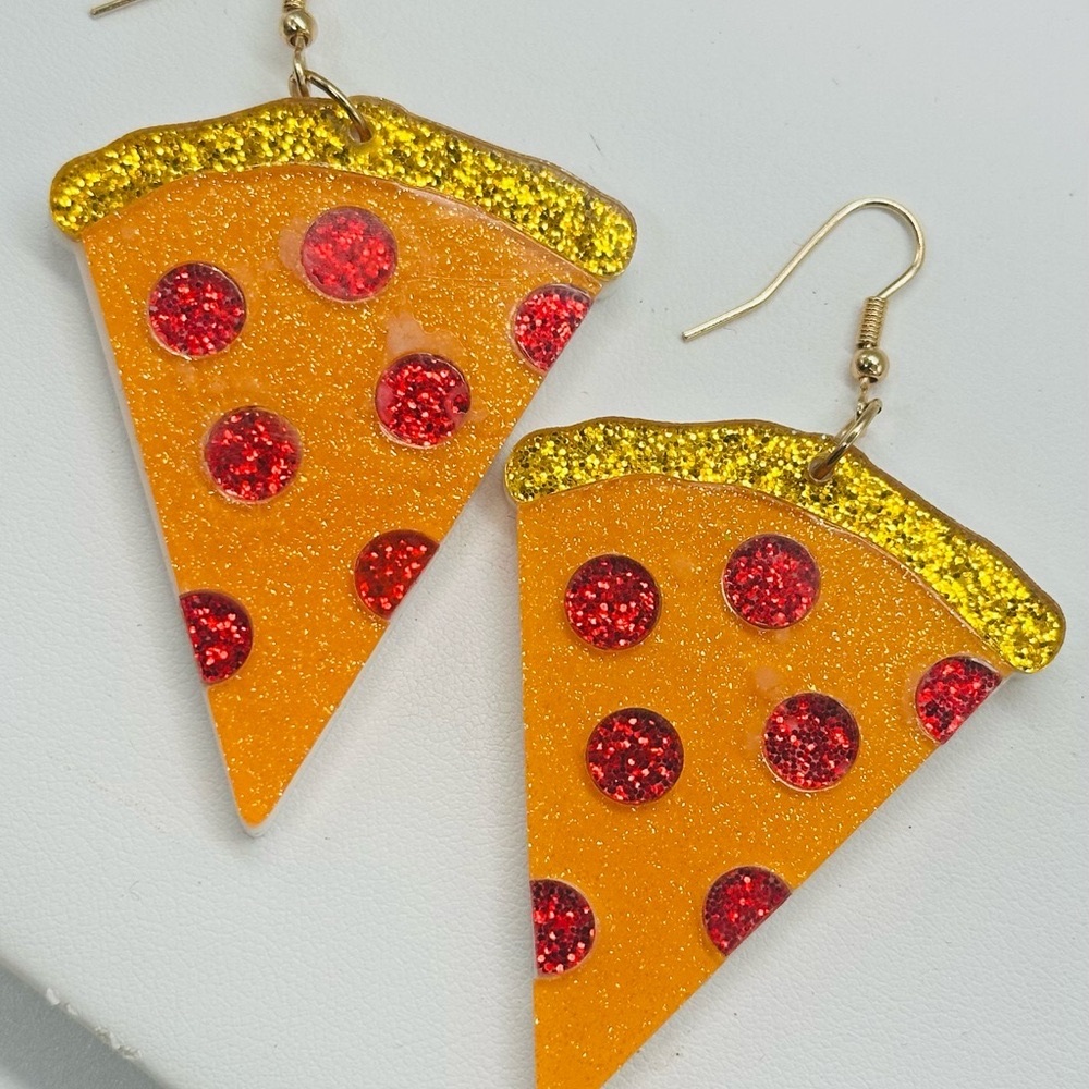 Fun Acrylic Glittery Pizza Slice Earrings Hook Dangle BIG